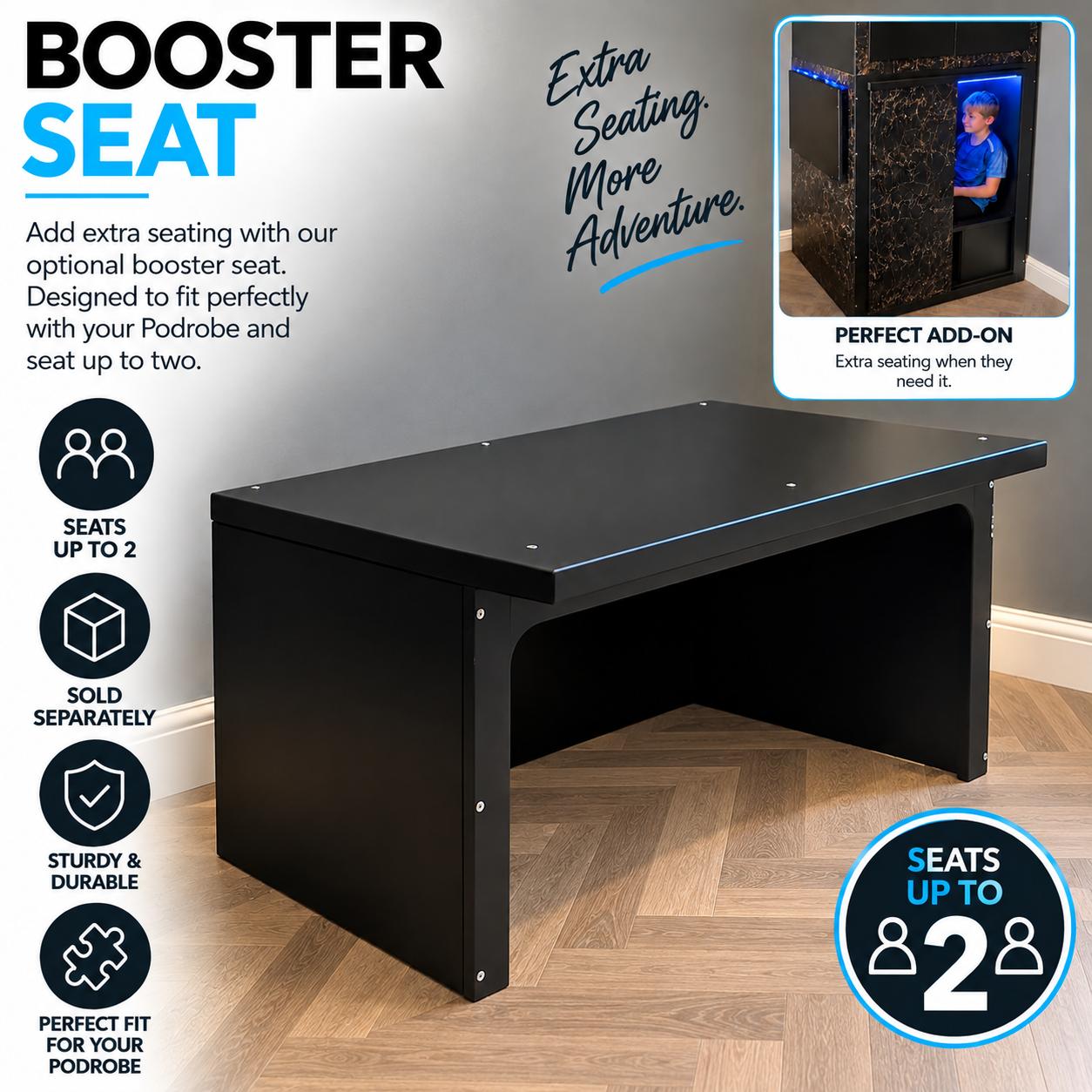Optional Podrobe booster seat in black, seating up to two children